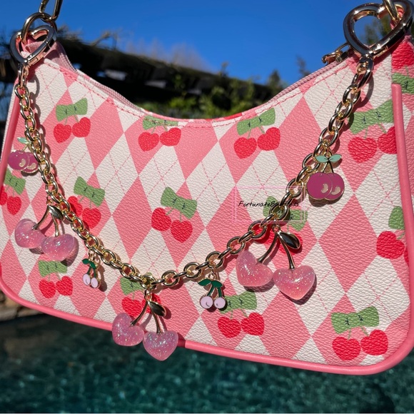 Baby Pink Heart Cherry Bag Charm Chain Purse Charm Chain Strap FortunateBagFinds - Picture 10 of 12